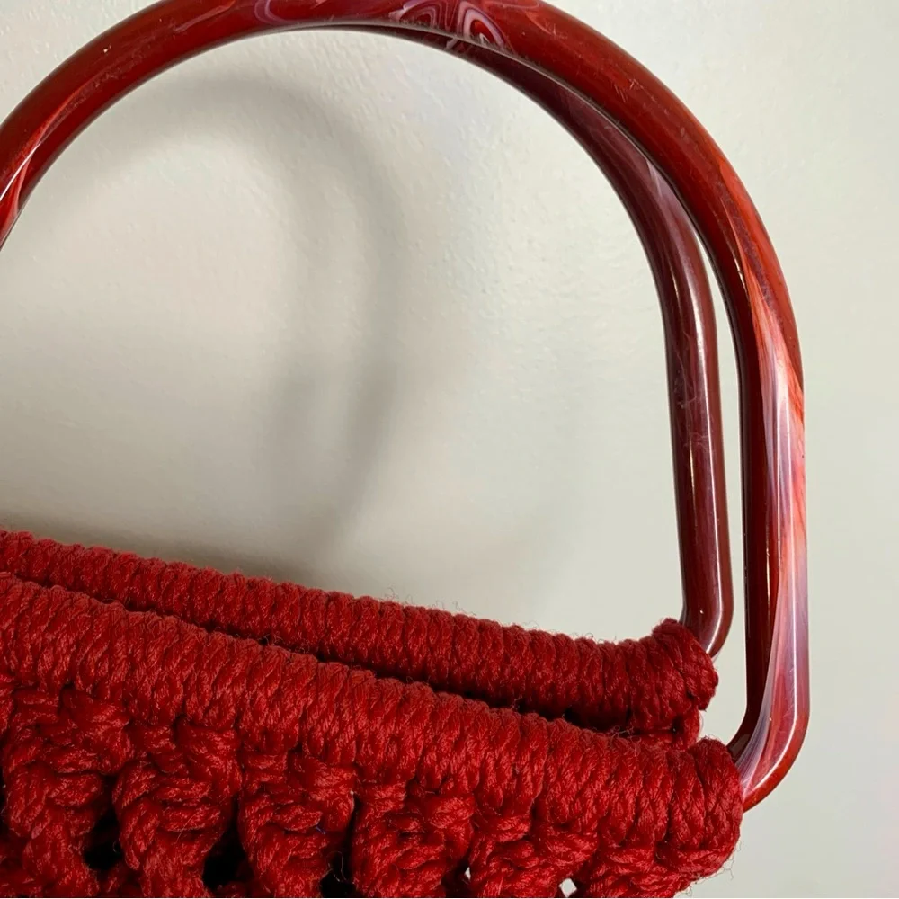 Vintage Style Crochet Handbag Lucite Handles Berry Wine Boho Fall
